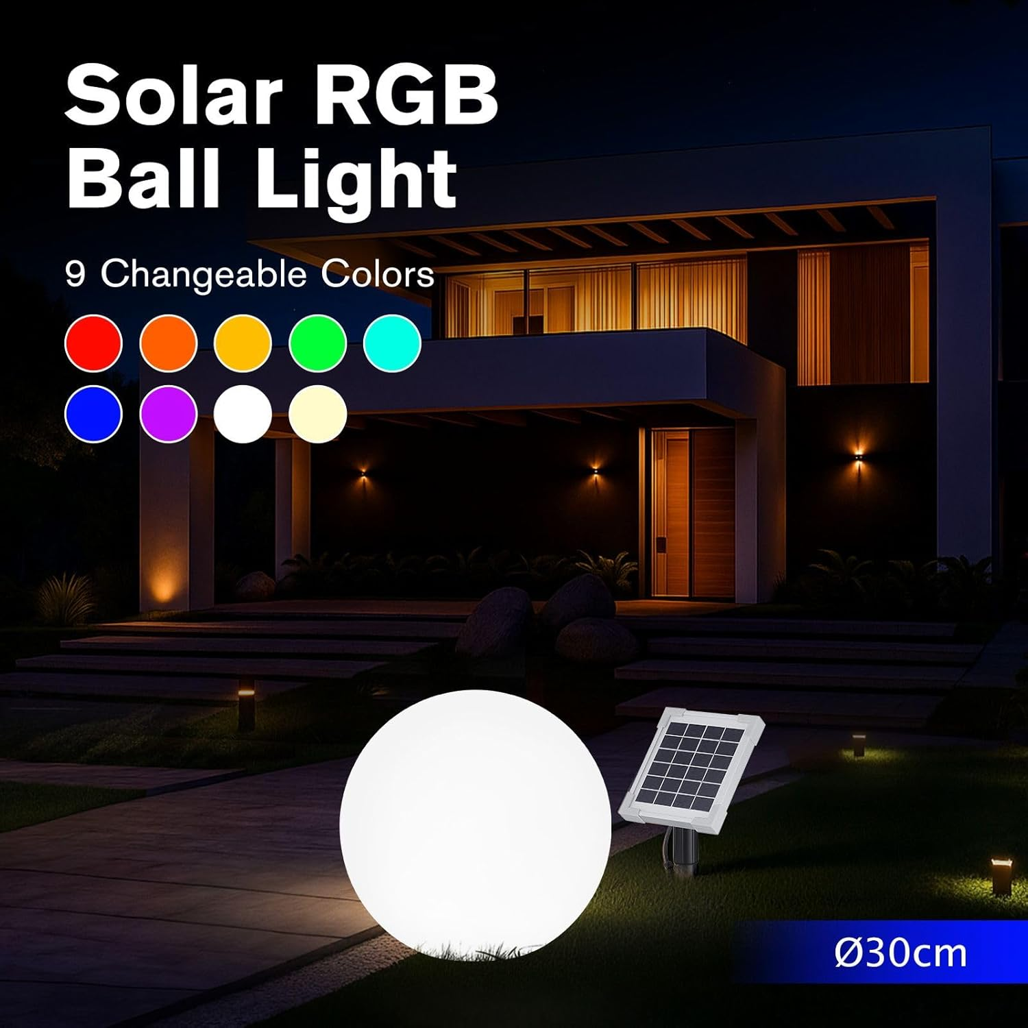 AUSWAY Solar LED Ball Light Full Moon 9 Colour Changing Lighting Globe Outdoor Garden Backyard Pathway Party Energy Powered Waterproof Lamp Decor 30Cm image number 2