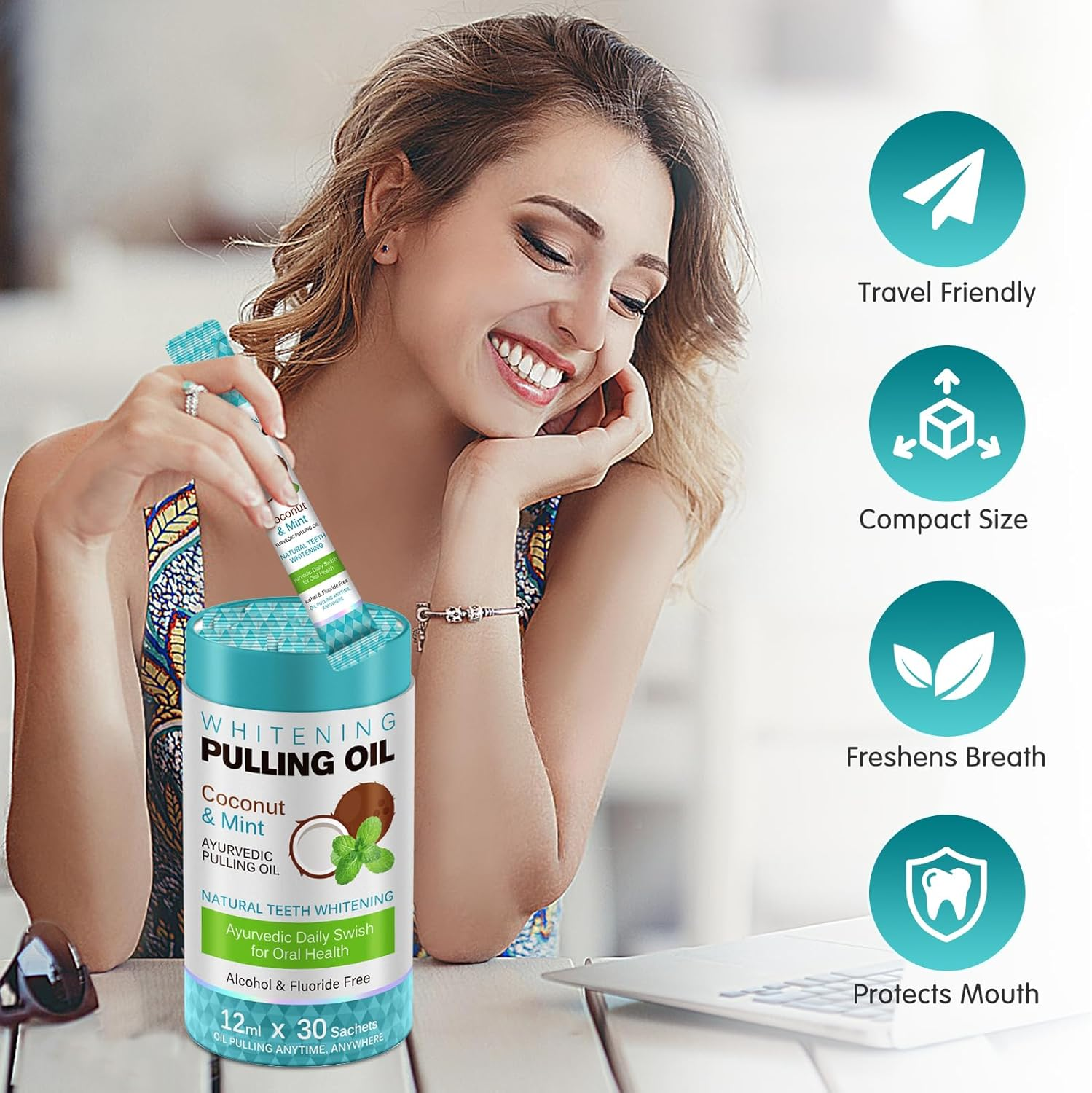 Coconut Pulling Oil 30 Packets, Travel Size Mouthwash Packets, Coconut Oil Pulling for Teeth, Peppermint Mouthwash for Oral Care, Natural, for Tooth Whitening, Fresh Breath and Healthier Tooth & Gum Health image number 5