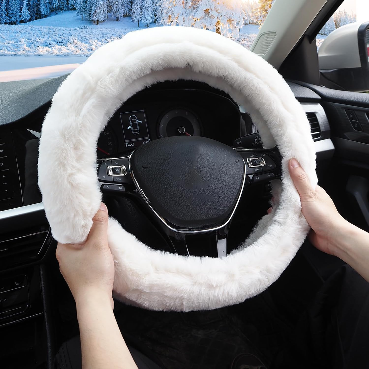 Fuzzy Car Steering Wheel Cover for Women, Anti-Slip Warm Fluffy Fur Auto Steering Wheel Protector, Soft Plush, Luxurious, with Seat Belt Cover Car Accessories for Ladies Girls (White) image number 3