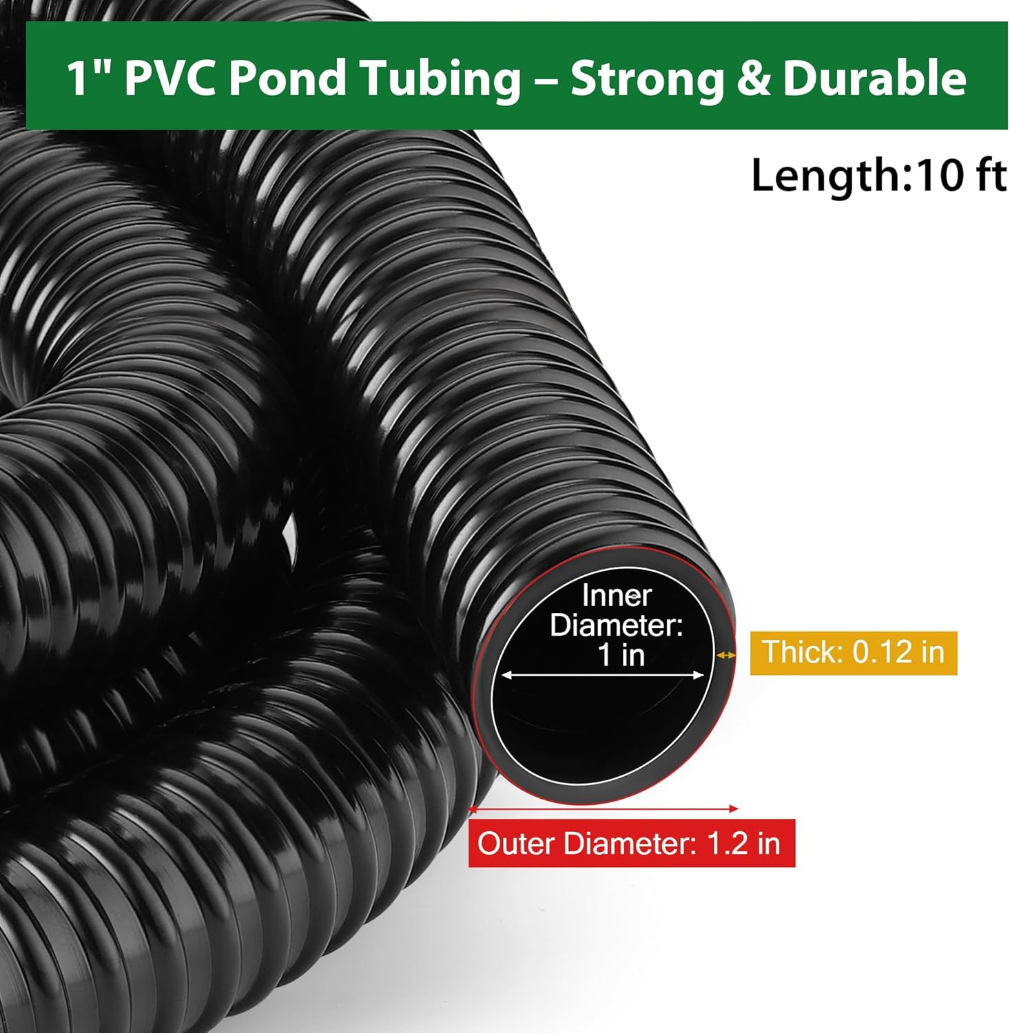 1 Inch Pond Tubing &ndash; 10Ft Flexible PVC Corrugated Pond Hose with 2 Stainless Steel Hose Clamps, Kink-Proof Black Plastic Pump Tubing for Garden Ponds, Waterfalls, Filters & Drainage image number 1