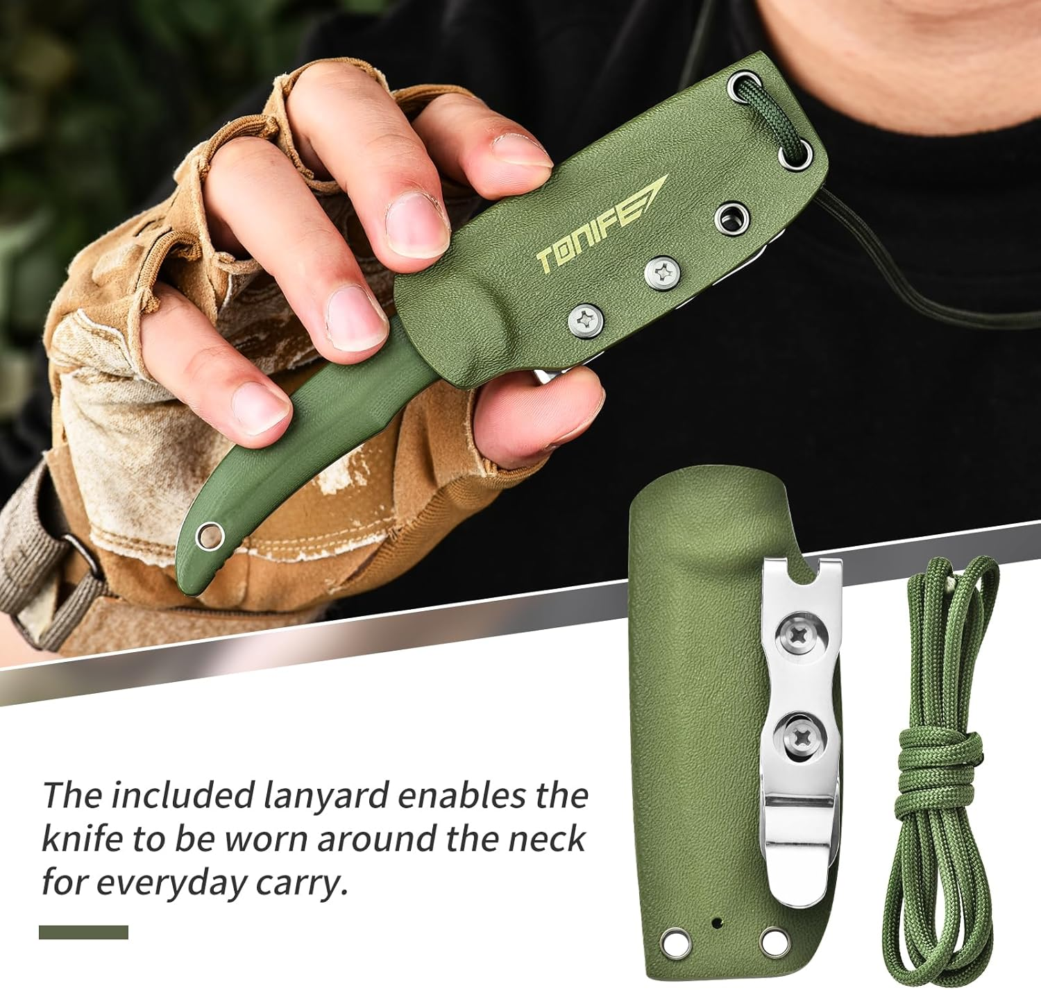TONIFE Nova Fixed Blade Knife with Adjustable Kydex Sheath EDC Knife with 6.81Cm Full Tang Blade Paracord Lanyard for Outdoor Camping Hiking (Army Green)