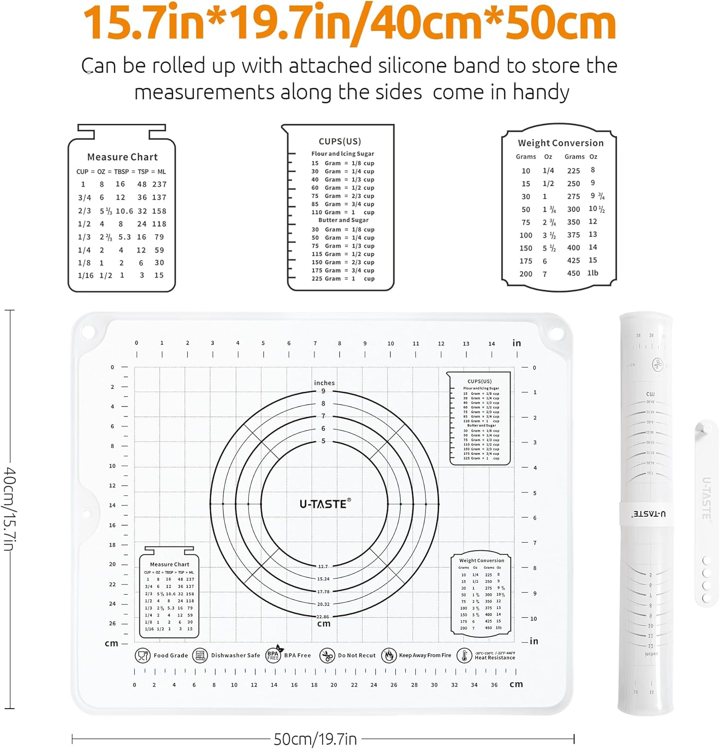 U-Taste Small Silicone Kneading Mat: 50X40Cm Food-Grade Non-Stick Dough Rolling Baking Mat, Non-Slip for Making Pastry Pizza, Fondant, Pie Crust with Clear Measurement and Raised Edges (Transparent)