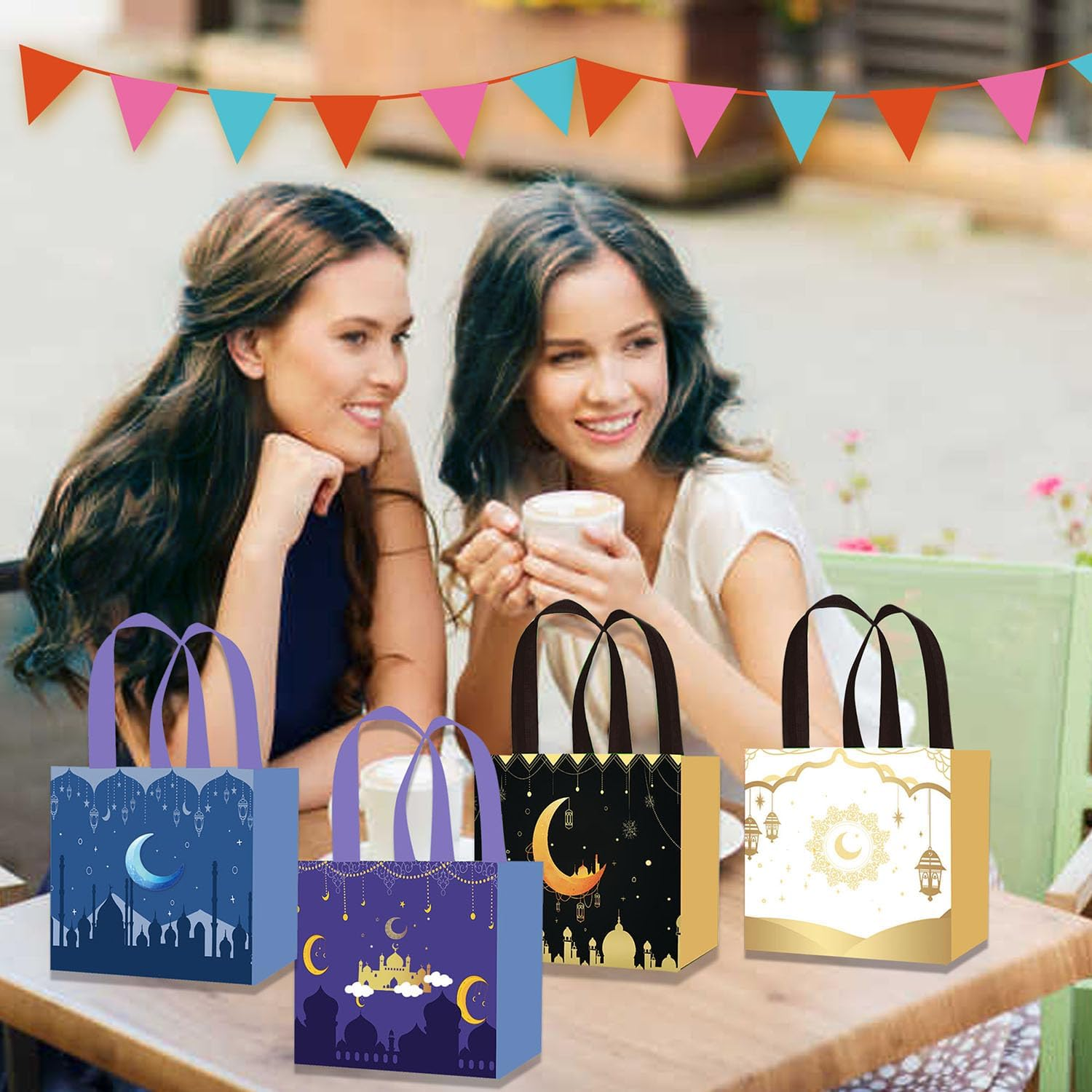BEANPRECOY 8 Pcs Reusable Eid Mubarak Gift Bags, Ramadan/Eid Al-Adha Non-Woven Party Favors for Candy & Decor,20X20X15Cm Muslim Celebration Supplies Moon and Lantern Design,Black,White,Blue and Purple image number 5