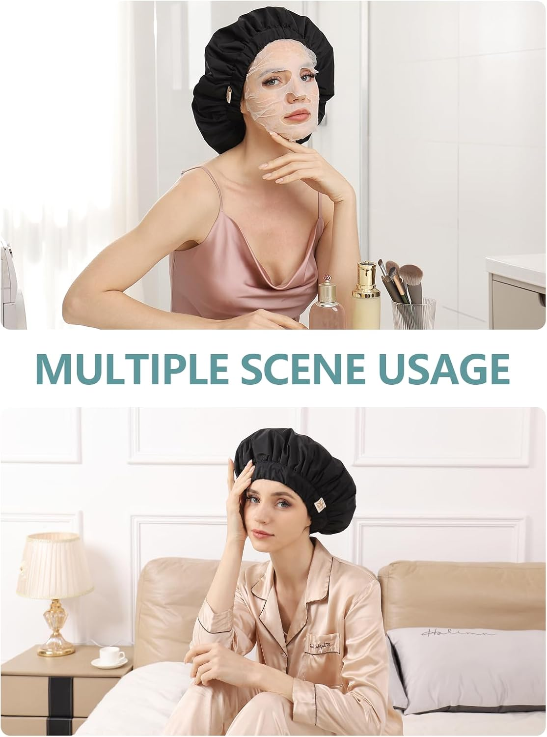 Years Calm Reusable Waterproof Shower Caps for Women, Hair Caps for Showers, Double-Layer Elastic Design, for All Hairstyles, Travel-Friendly (Black)