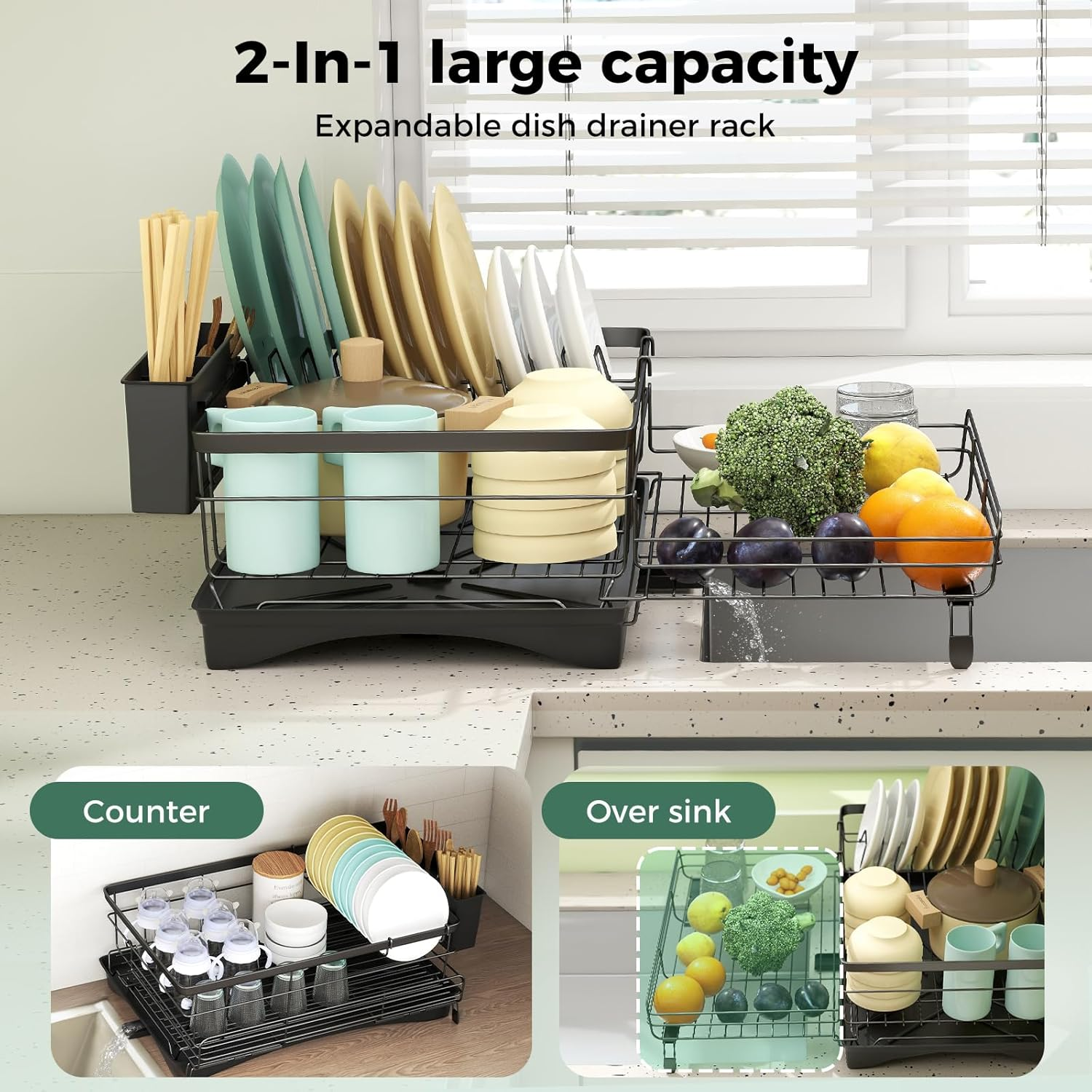 Toque Expandable Dish Drying Rack with Cutlery Holder, Anti-Rust Black Dish Racks for Kitchen Counter,Durable Coated Steel Dish Drainers for Kitchen Counter,Over the Sink Drying Rack(42 X 28 X 15CM) image number 1