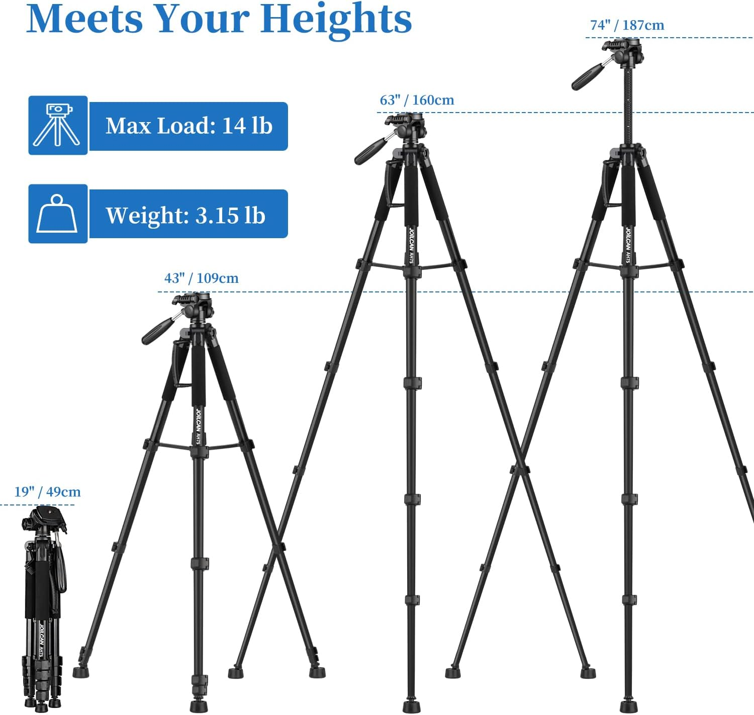 JOILCAN Camera Tripod for Canon Nikon, 74" Lightweight DSLR Tripod Camera Stand with Detachable Head and Universal Phone Mount, Reinforced Aluminum Tall Tripod for Vlog Live Streaming Max Load 14LB