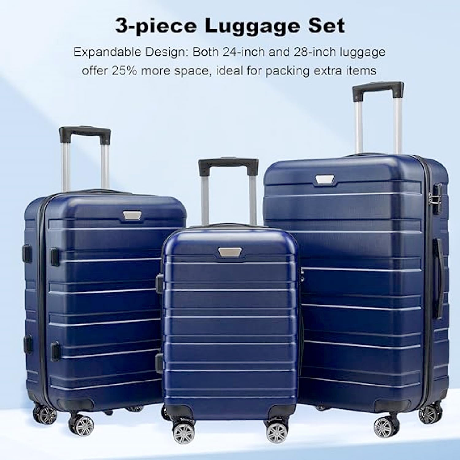 3Pcs Luggage Set, Trolley Suitcase Hand Luggages Hard Case Shell, Expandable Spinner Suitcase, Travel Strap Bag Carry on Adult Kids Lightweight Roller, Blue (20" 24" 28") image number 3