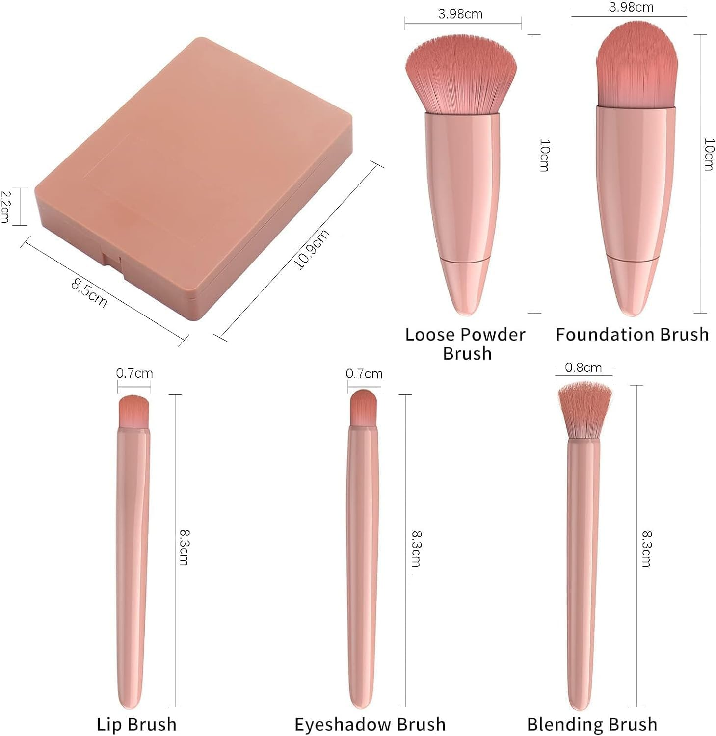 FOTRSDKU Travel Size Makeup Brushes Set with Case and Built-In Mirror, 5-Piece Portable Cosmetic Brush Kit for Women, Girls, and Teens &ndash; Ideal for On-The-Go and Travel Essentials