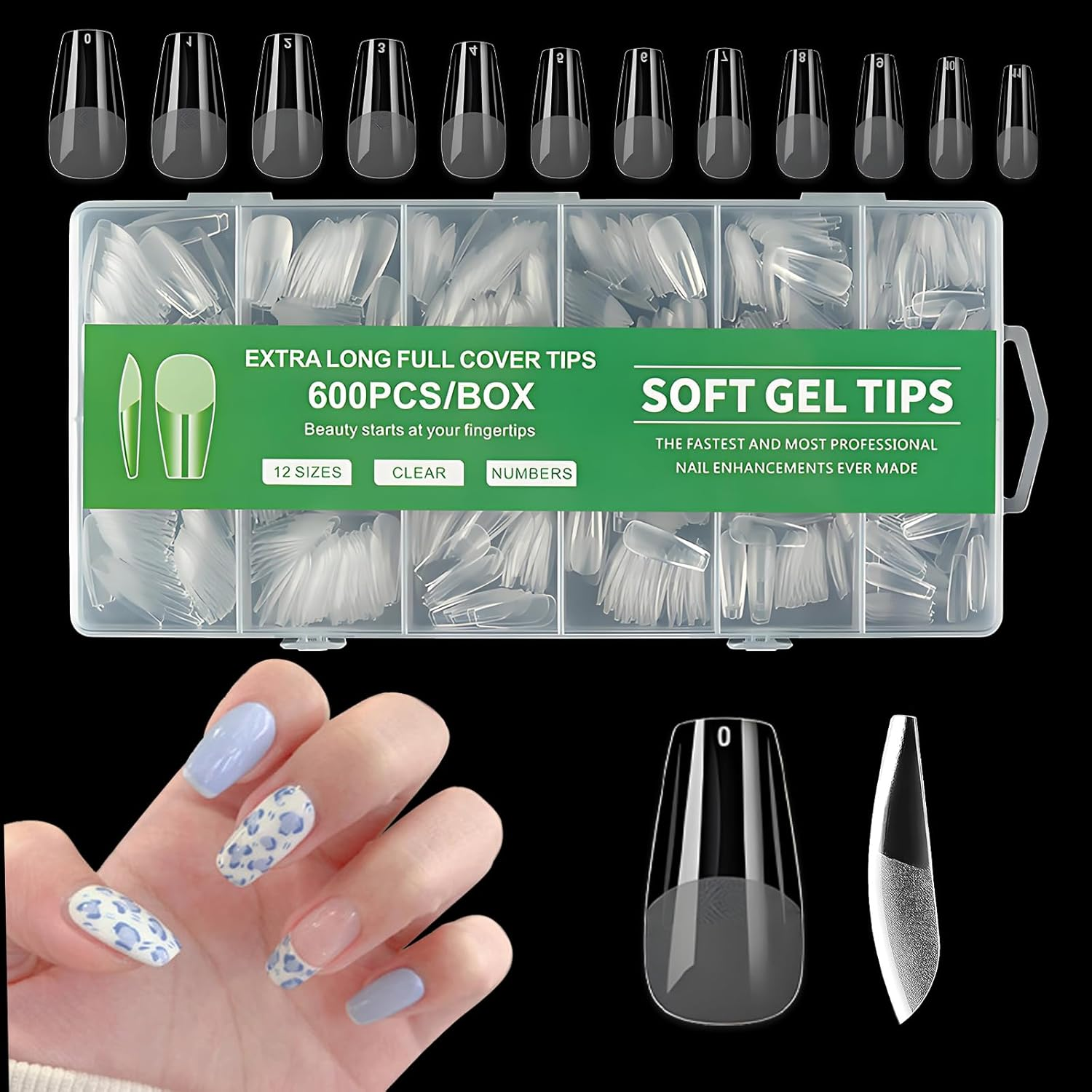 Jotia 600Pcs False Nail Tips, 10 Sizes Pre-Shape Press on Nails Clear Half Frosted Nails Tip Fake Nails Full Cover Artificial Nail Tips for Nail Extension (Blue Box)