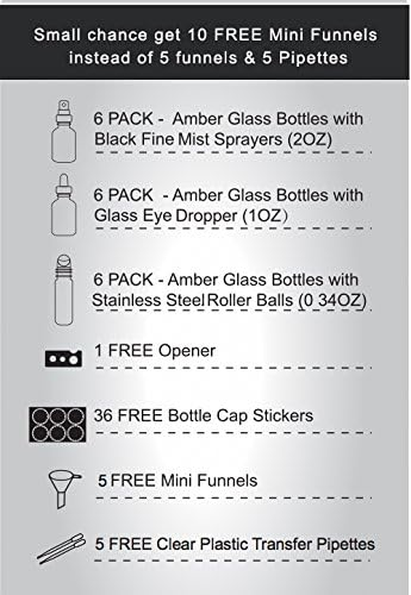 Youngever 18 Amber Glass Essential Oil Bottles Bundle, 6 Dropper Bottles (30ML), 6 Spray Bottles (60ML), 6 Stainless Steel Roller Bottles for Essential Oil (10ML) image number 4