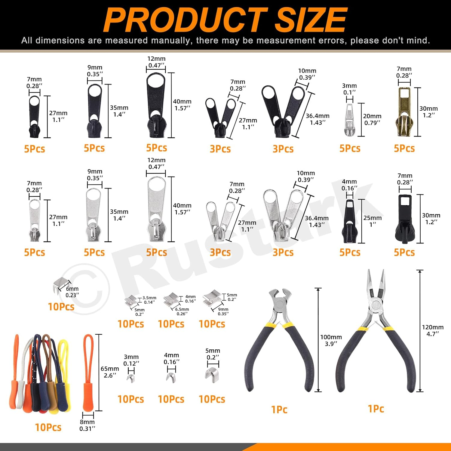 Rustark 144Pcs #3#5#8 Zipper Repair Kit Zipper Replacement Zipper Repair Zipper Pull Replacement and Zipper Stops with Two Zipper Install Pliers Tool for Bag Luggage Tents image number 6