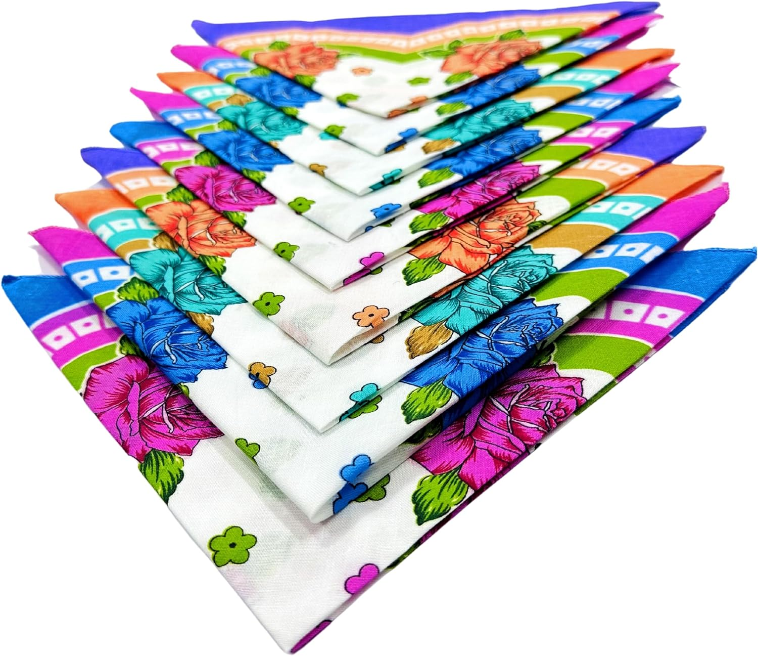 Royal Mart Premium Cotton Handkerchiefs - 11 * 11 Colorful Prints for Women/Girls (Pack of 09, Multicolor. Designs Will Vary as per Availability, Multicolour, 11 * 11 Inches image number 1