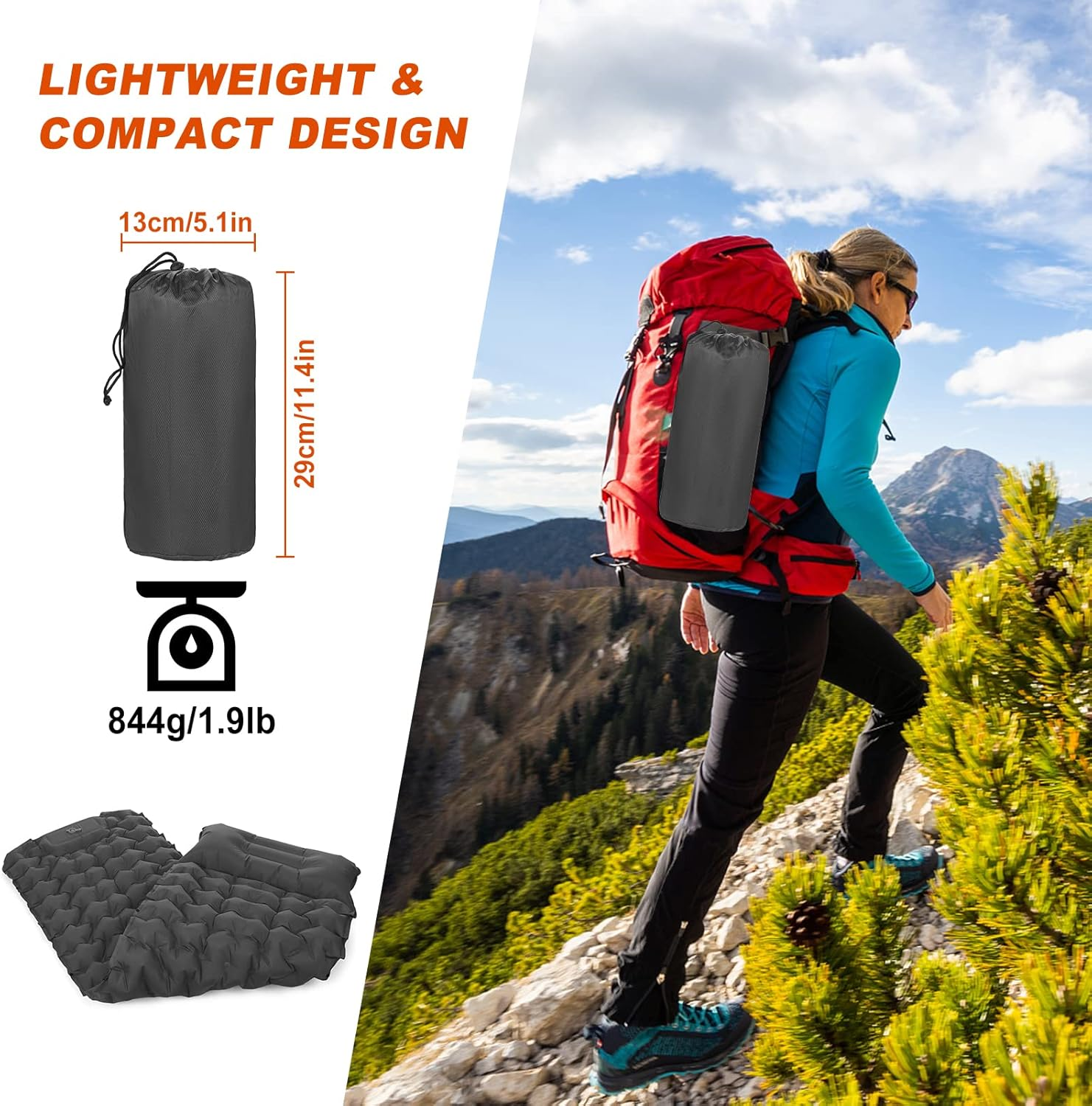 Eacam Sleeping Pad, Ultralight Inflatable Sleeping Pad for Camping, Built-In Pump, Ultimate for Camping, Hiking - Airpad, Carry Bag, Repair Kit - Compact & Lightweight Camping Pad image number 2