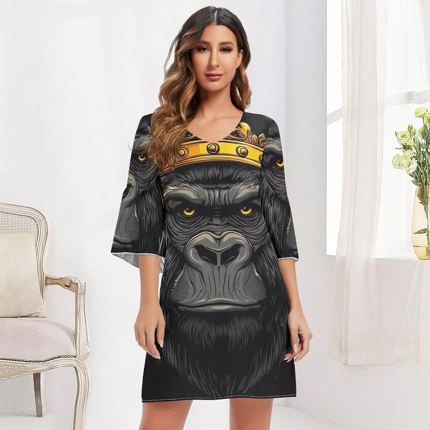 Cartoon Gorilla Crown V Neck Summer Dress 3/4 Sleeve Maternity Dress Party S-XXL