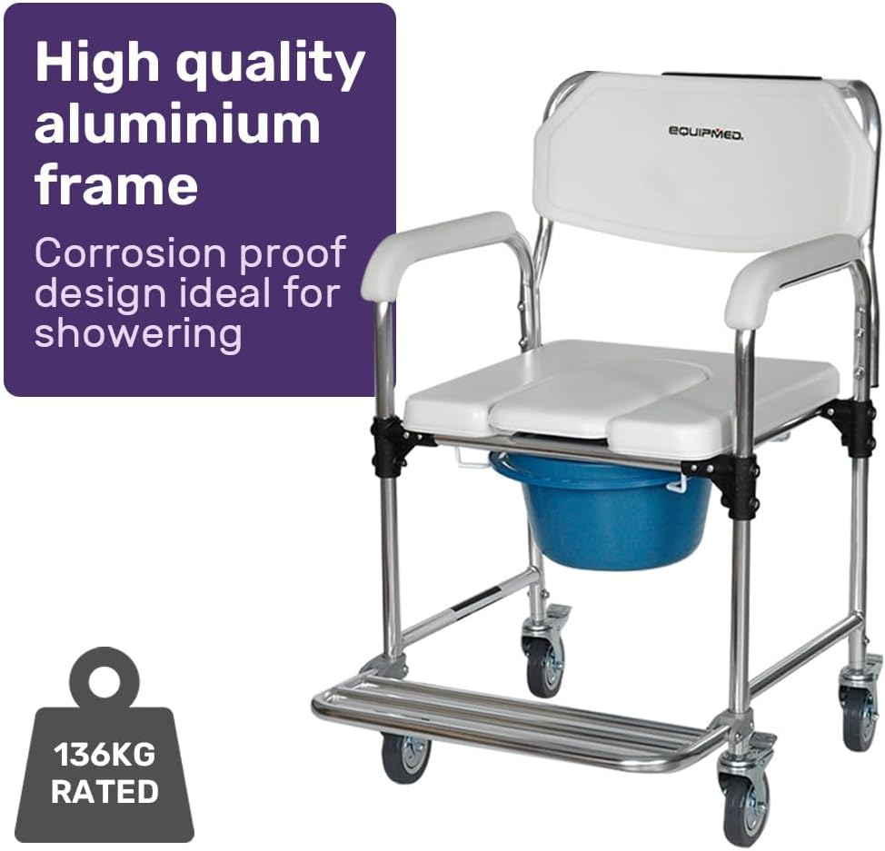 Equipmed Commode Shower Chair, over Toilet or Bedside 136Kg Capacity Aluminium Frame with Wheels, White/Blue image number 2