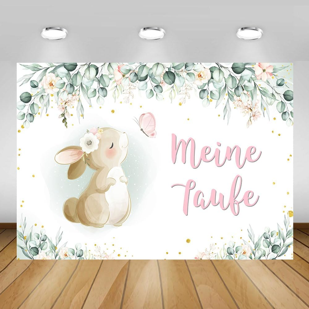 MEHOFOND 2.1 X 1.5 M My Christening Background Rabbit Butterfly Eucalyptus Leaves Flowers Background Boys Girls Newborn Baby Shower First Communion Christening Party Banner Photo Props image number 6
