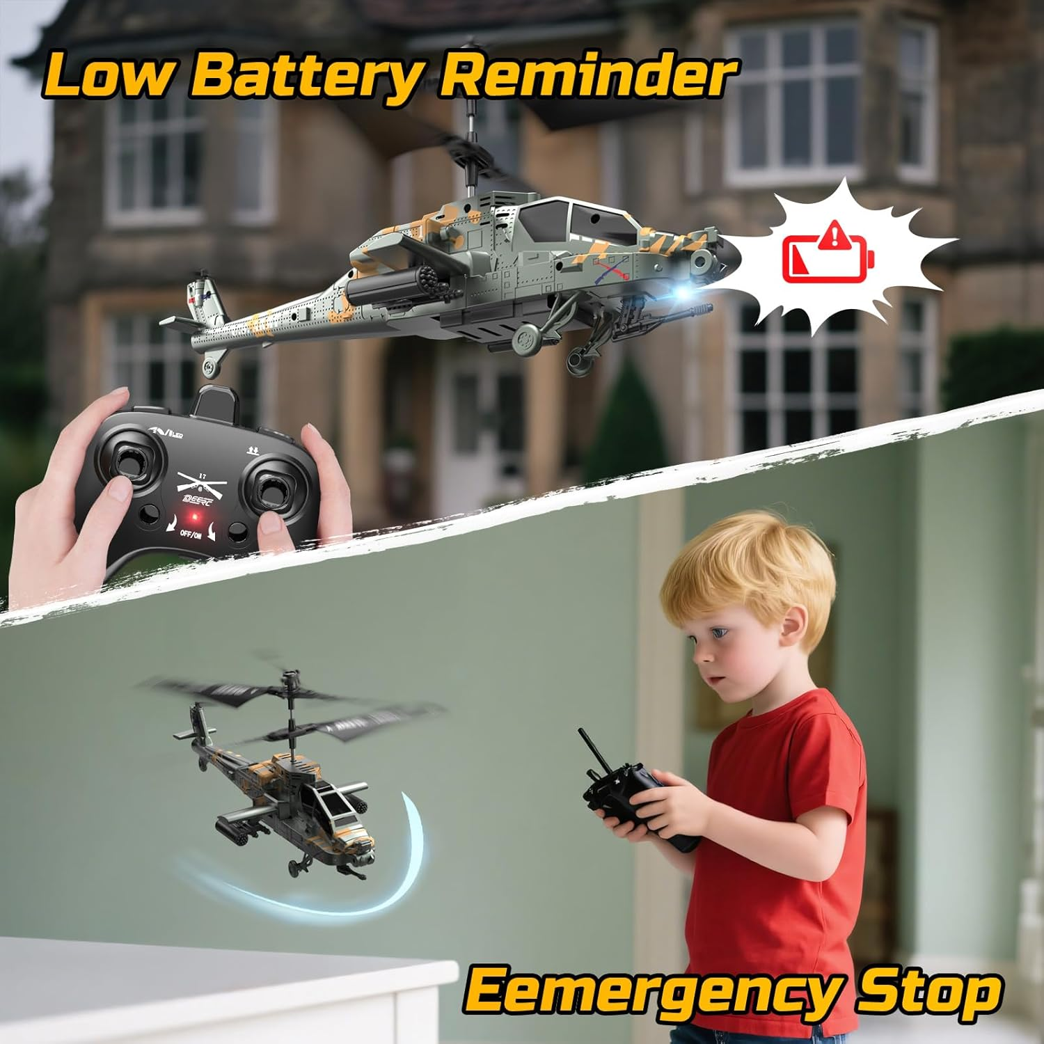 DEERC RC Helicopter for Adults, Apache Remote Control Helicopter for Kids 8-12, Toy Helicopter RC with LED Lights, 2 Batteries, Altitude Hold, 2.4Ghz Military Helicopter for Indoor, Ideal for Birthday image number 3