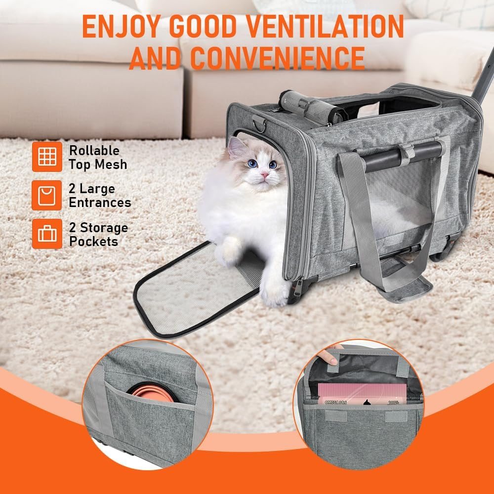 Pet Rolling Travel Carrier Pet Rolling Luggage Trolley Case for Pet up to 7.5Kg with Handle Four Wheels Shoulder Strap and Pet Cushion for Cat Dog Grey