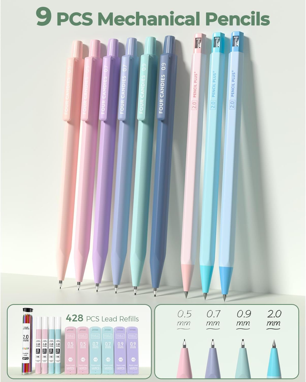 Four Candies 56 PCS Aesthetic School Supplies with Large Pencil Case, 6 Colored Ballpoint Pens, 12 Pastel Highlighters, 5 Black Ink Gel Pens, 9 Mechanical Pencils 0.5-2.0Mm Student Essentials (Green) image number 4