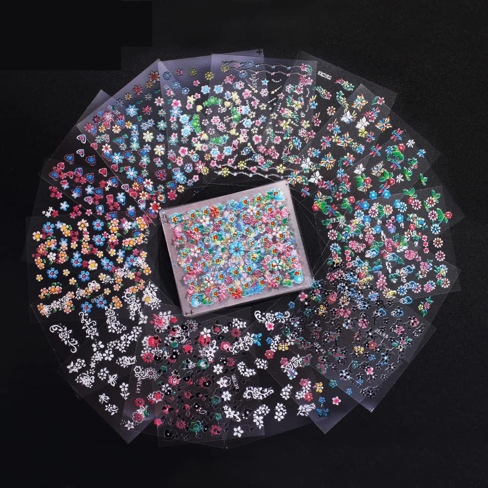WOKOTO 90Pcs Self-Adhesive 3D Design Nail Art Sticker Colorful White Black Flower Fingernail Decals Nail Art Decoration Decals with 1 Pcs Anti-Static Tweezers image number 2