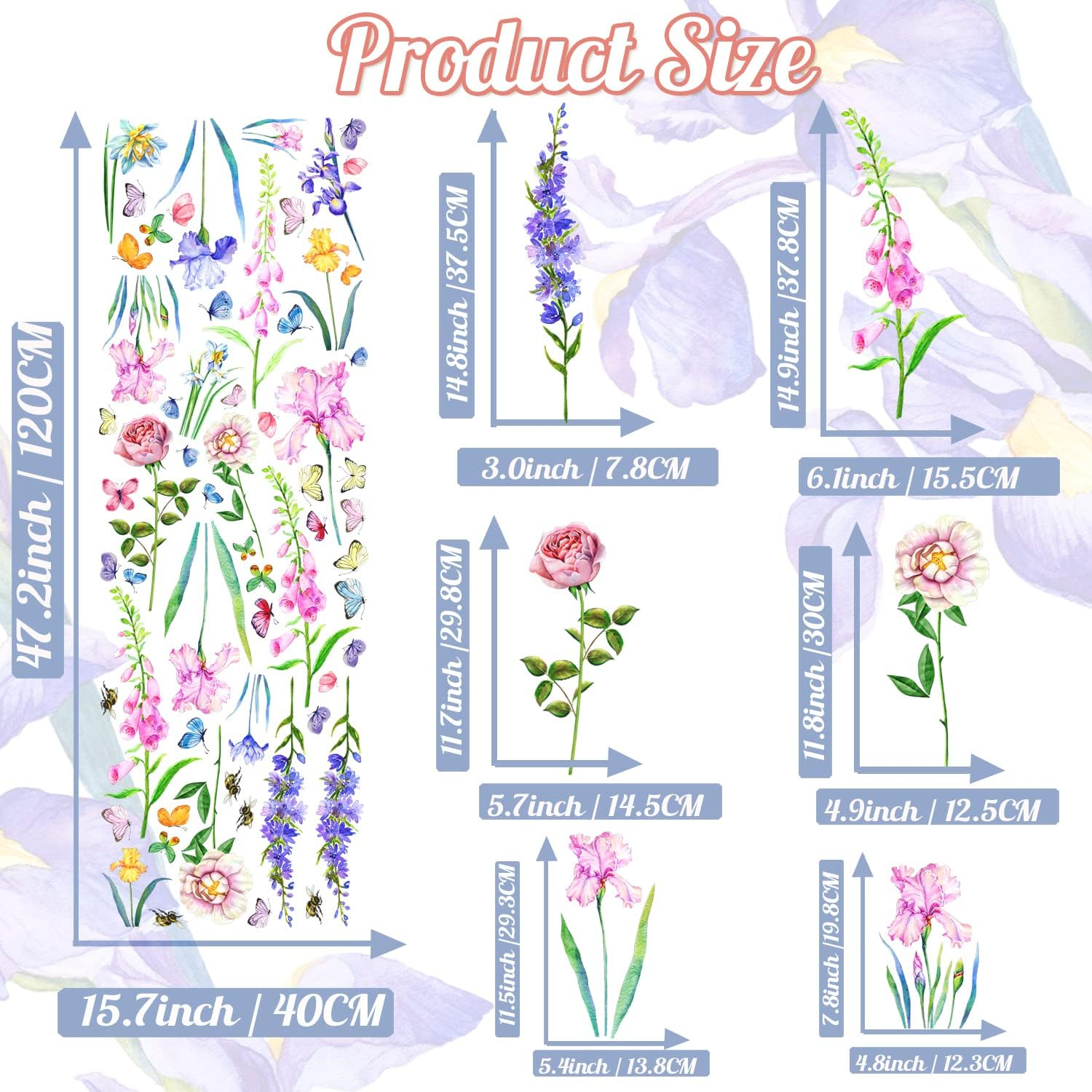 KOKOLAP Garden Flowers Window Clings,Flower Wall Stickers,Iris Florals Window Decals Peel and Stick,Green Leaves Wall Vinyl Decal,Butterfly Bouquet Wall Art Decor for Girls Bedroom Kitchen Living Room - Yellow image number 7