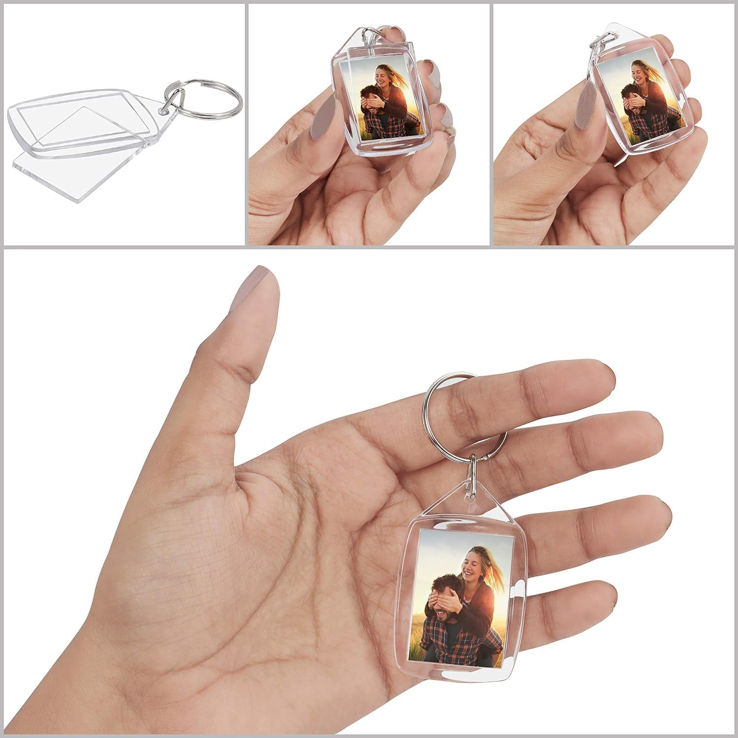Party Monkeys Blank Photo Insert Keychains (100 Pack) - Each Keyring Is 5.4 X 3.4Cm - Translucent Clear Acrylic Key Rings for Double-Sided Photos Small Picture Frames for Family Friends Gifts & Craft