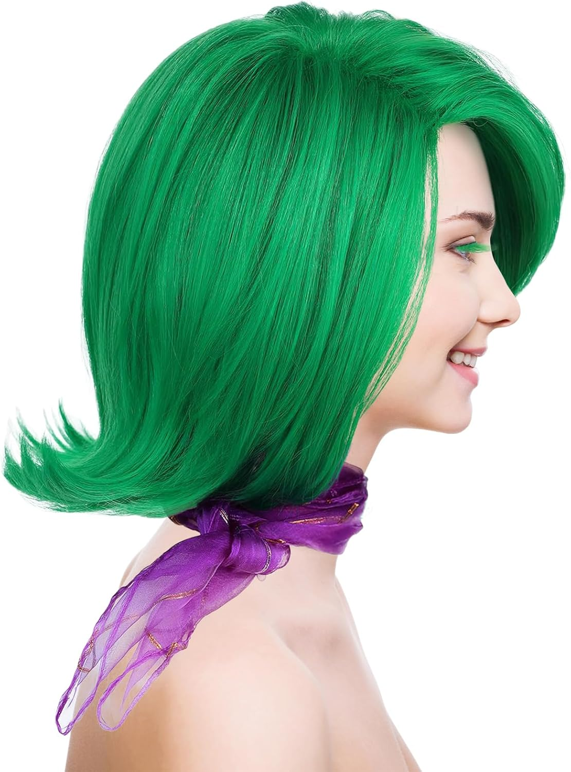 Taefuhnn Women Green Costume Wig with Scarf and False Eyelashes, Halloween Costume for Girls, Green Wig for Adults Cosplay Dress up Book Week image number 4