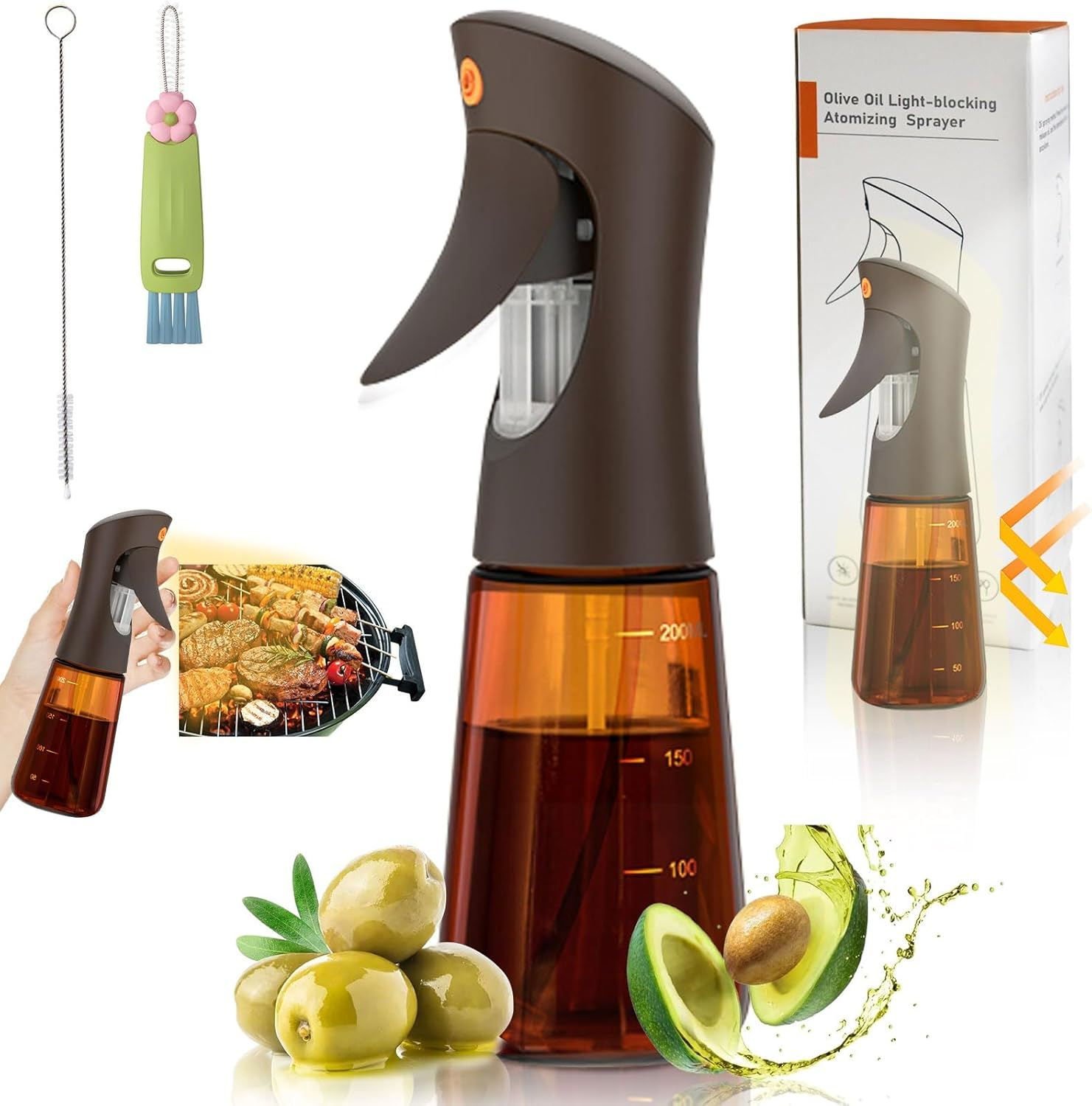 SHEGZHUC Olive Oil Sprayer for Cooking Glass, 200Ml Olive Oil Dispenser Bottle Brown, Spray Bottles Oil Dispenser for Kitchen, Kitchen Gadgets for Salads, Grilling with 3 in 1 Cap Brush ＆ Straw Brush image number 6