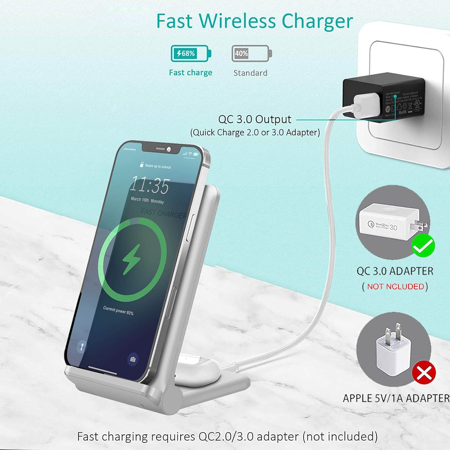 VNBBT 2 in 1 Wireless Charger, 20W Fast Wireless Charging Stand Dock for Iphone 16 Pro Max/16/15/15 Plus/14/13/12/11/Xs/Xr,Airpods 3/Pro 2,Samsung Galaxy S24/S23/S22/S21/Note,Galaxy Buds, White image number 6