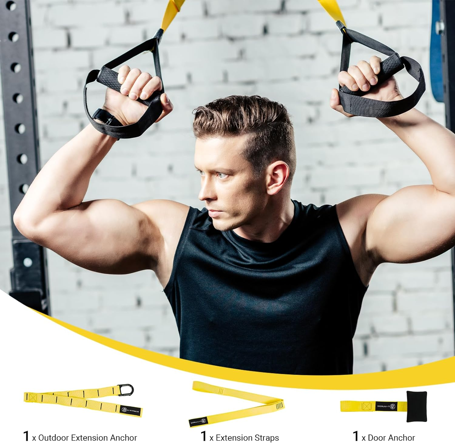 LI FITNESS Suspension Trainer Kit Resistance System Full Body Workout Training Equipment Fitness Band Set with Door Anchor Adjustable Workout Straps for Home Gym Travel Outdoors (Yellow) image number 4