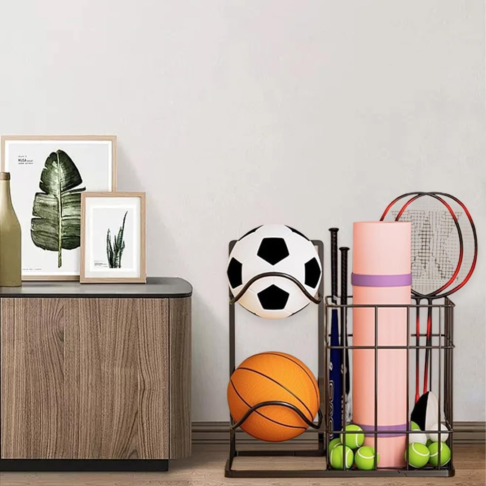 All-In-One Ball Storage Rack, Basketball Organizer Rack with Basket, Fitness Supplies Depositary, for Workout Room Garage School, Sports Equipment Storage for Football Tennis Badminton image number 6