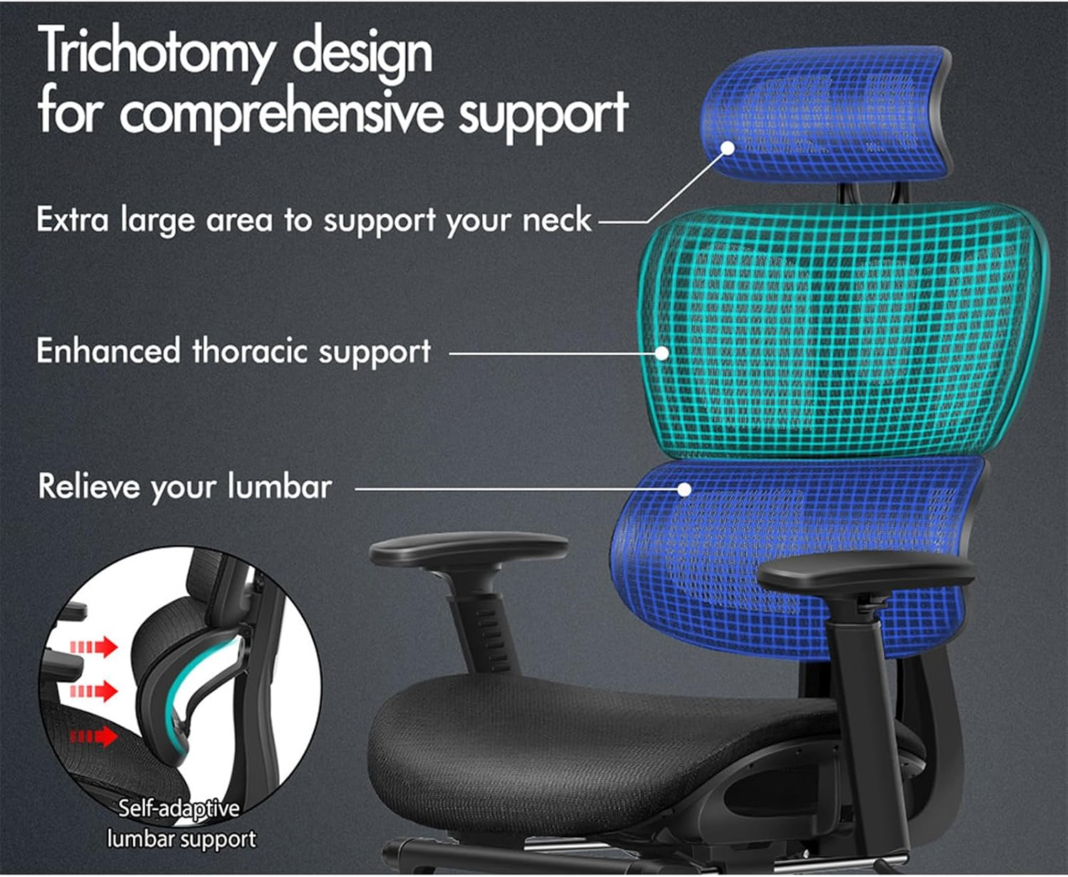 ALFORDSON Ergonomic Mesh Office Chair with 3D Armrest, Recline & Tilt Executive Study Chair with Adaptive Lumbar Support, Computer Gaming Desk Chair with Adjustable Headrest & Footrest, Black