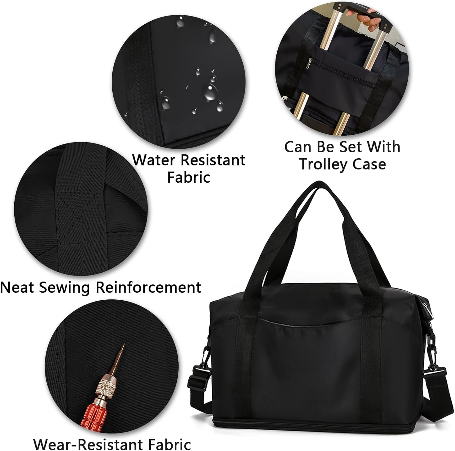Lizbin Weekender Bags for Women, Personal Item Travel Bag, Overnight Bag Luggage Bag, Foldable Sports Tote Gym Bag for Men, Travel Tote Bags with Detachable Shoulder Strap and Wet Compartment (Black) image number 2