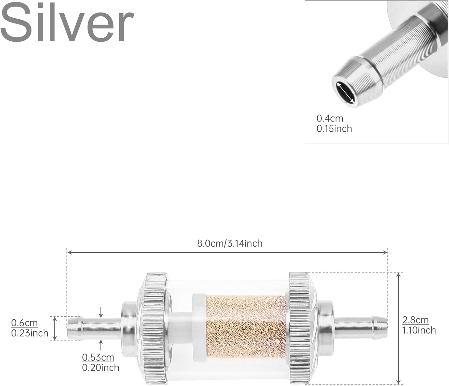 Windance 2PCS 5.3Mm 0.21Inch Aluminum Alloy Fuel Filter,Glass Inline Reusable Gasoline Filter for Motorcycle Scooter ATV Dirt Pit Bike Off-Road Motocross (Silver)