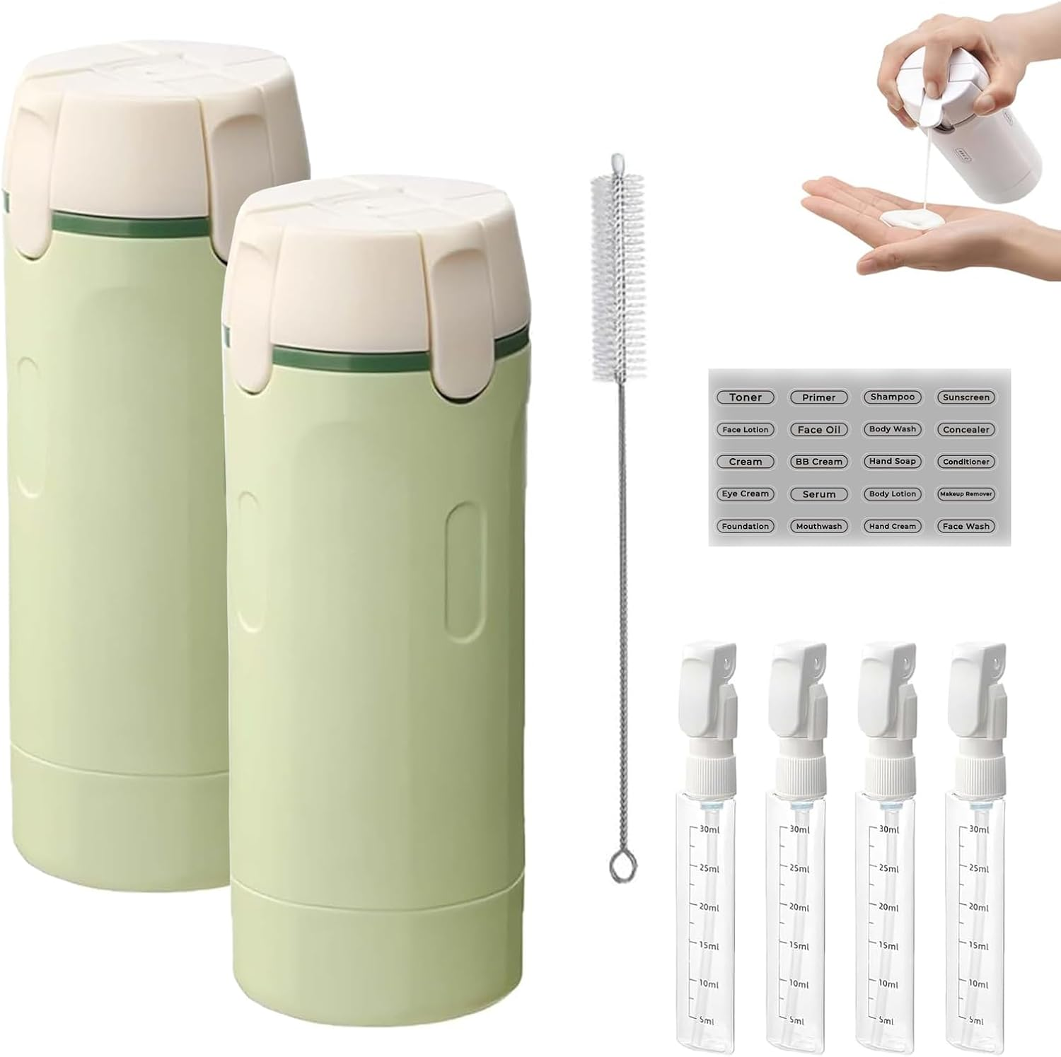 4-In-1 Travel Dispenser Bottle, Portable Leak Proof Refillable Toiletry Containers, Mini Shampoo Dispenser Portable Travel Bottle Set with Scale Label for Toiletries, for Flights Gym (Green*1)