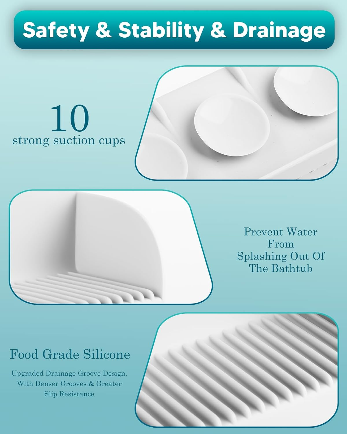 Duseu 1.96-Ft Bathtub Splash Guard, Silicone Bath Tub Tray for Kids, Bathtub Shelf Toy Holder with 10 Strong Suction Cups, No Water Spills in Bathroom & Kitchen Sink, Easy Clean & Fold, Grey image number 1