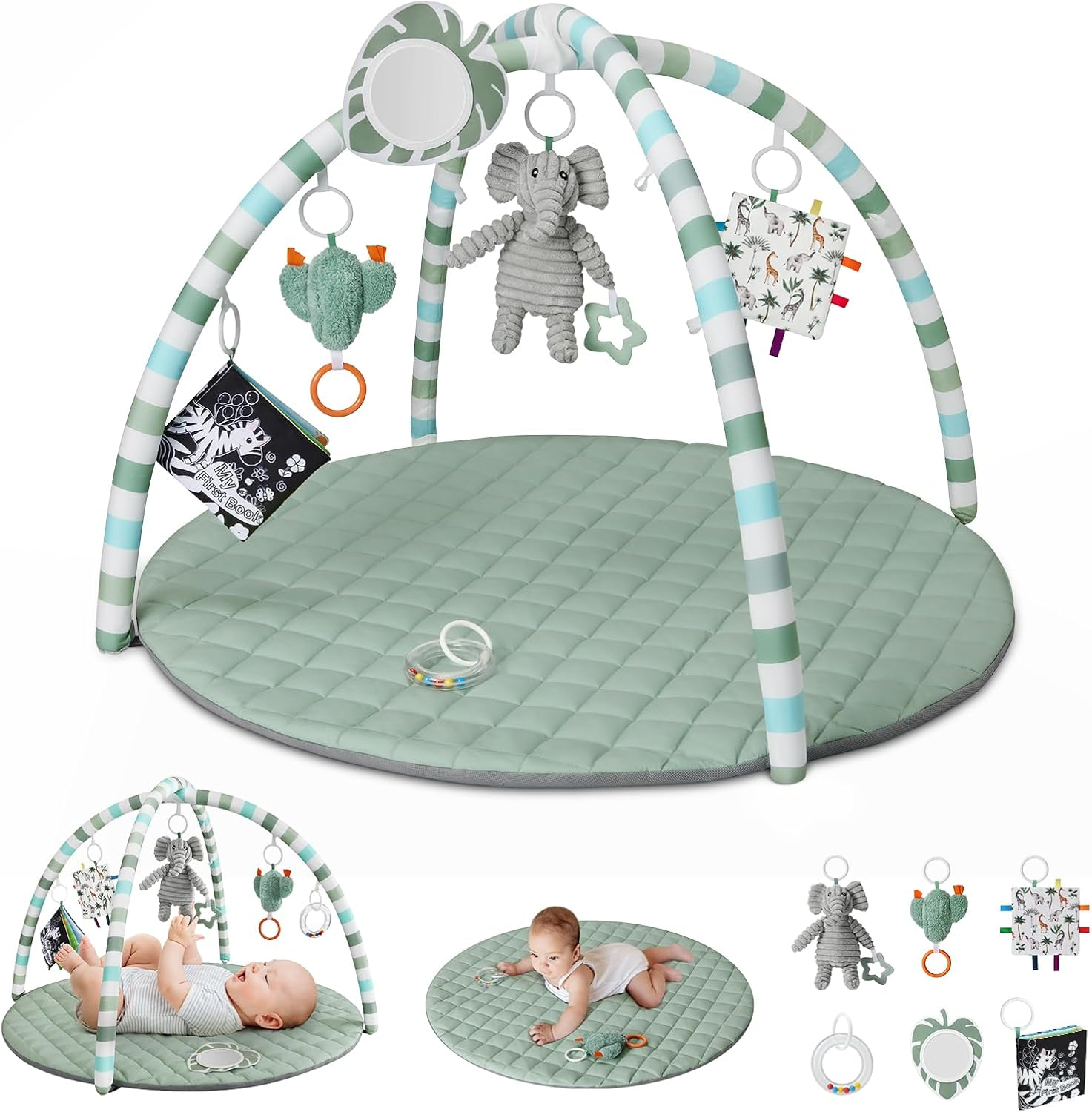 Baby Play Gym Mat, Tummy Time Activity Mat with 6 Detachable Toys for Stage-Based Sensory and Motor Skill Development, Washable Play Mats for Infant, Newborn Baby Essentials, Sage Green image number 6