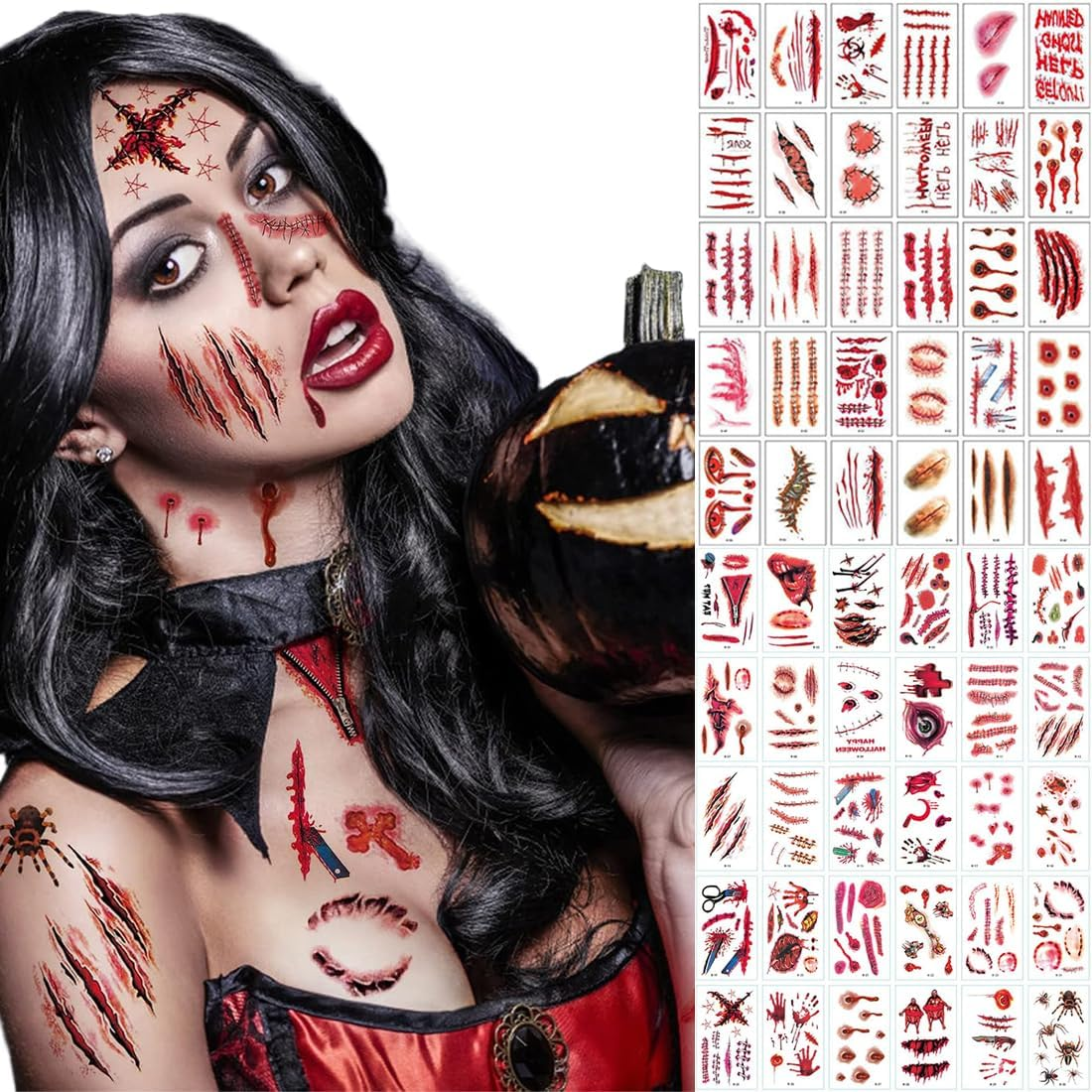 Halloween Tattoo Scars, 60 Sheets Tattoo Wounds Face Scars Realistic Motifs, Vampire Costume Women'S Make-Up Accessories, Halloween Fake Wounds Sticking for Carnival Halloween Make-Up image number 2