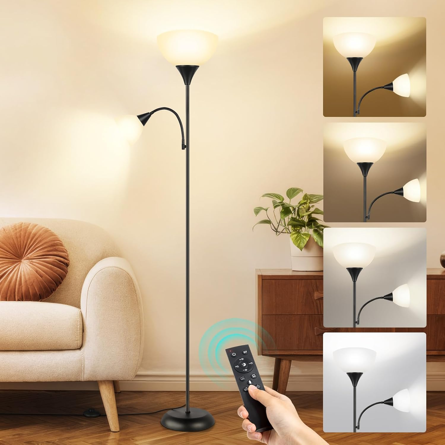 OUTON LED Floor Lamp with Remote Control, 4 Color Temperatures, Adjustable Brightness, Timer, Modern Floor Lamp Torch with Reading Light for Living Room, Bedroom, Office image number 3
