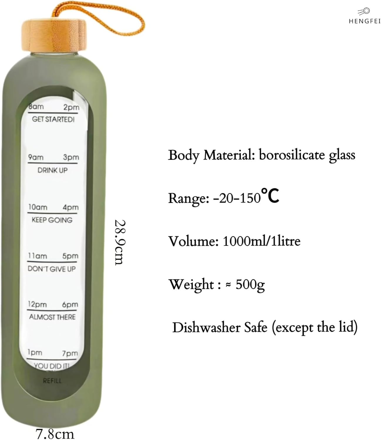 HENGFEI 1 Litre Borosilicate Glass Water Bottle with Time Markings and Reminder Quotes, Glass Drink Bottle 1L with Silicone Sleeve and Bamboo Lid. (Army Green Silicone Sleeve) - Blue Silicone Sleeve image number 3