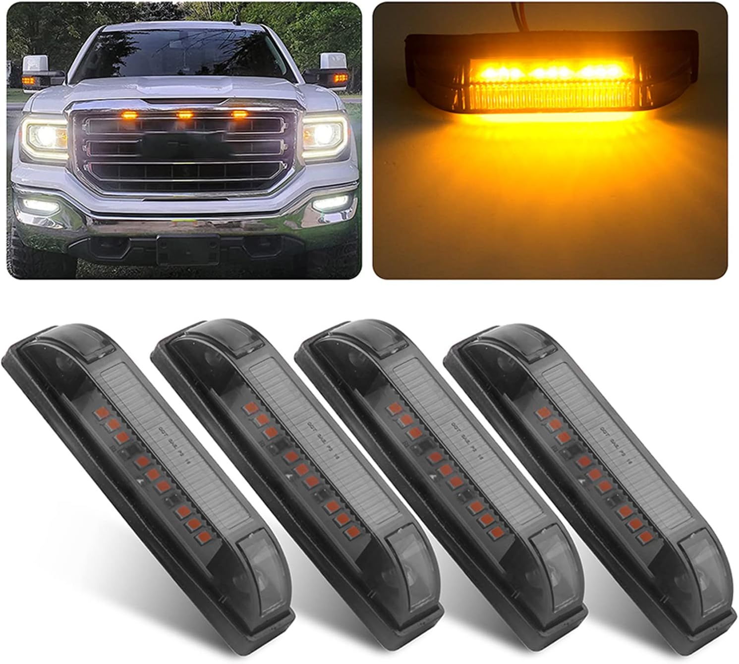 Smoked Amber LED Front Grille Marker Lights Kit, 4Pcs 4 Inch Amber Full LED Center Grille Running/Position Lights Sealed 9 Leds Compatible with Tacoma/4Runner/ Tundra/Silverado Grill Marker Lights image number 5