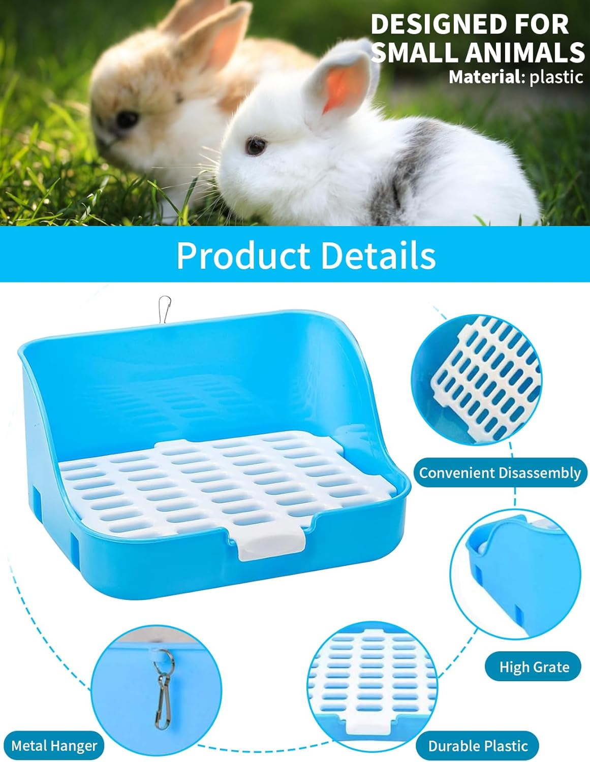 Rabbit Litter Box, Bunny Toilet Box, Large Rabbit Litter Box Trainer, Rectangular Plastic Square Cage Box with Hanging Clip, Bunny Corner Litter Pan Pet Toilet Potty Trainer, Small Animal Toilet (PK) - Pk image number 4