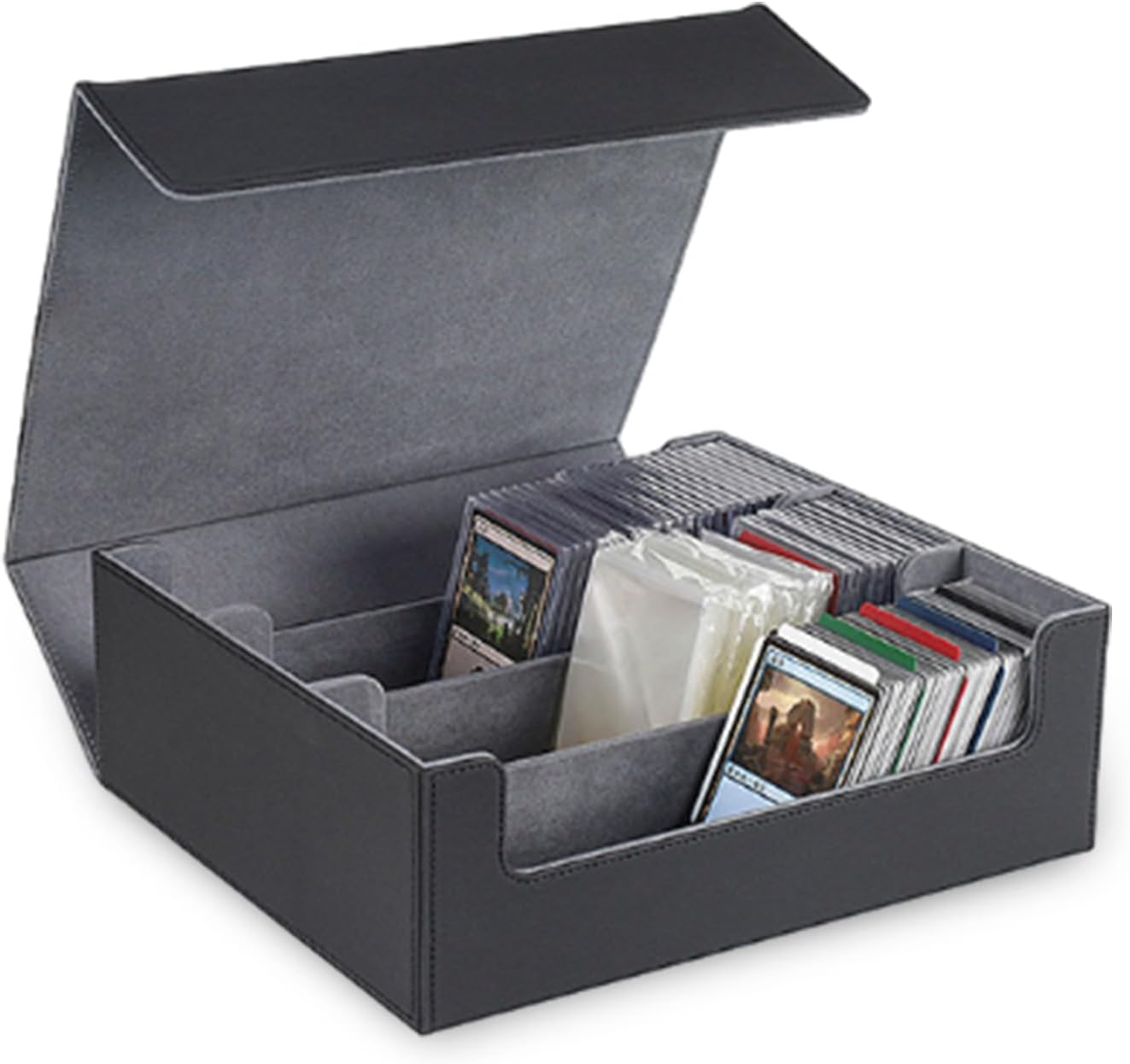 Card Deck Case for Trading Cards 1800+, PU Leather Magnetic Closure Card Storage Box Game Card Case, for Game, Sport Cards (Black Shell with Grey Lining)