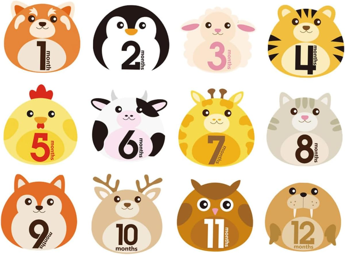 12 Sheets Monthly Stickers with Animal Designs Self-Adhesive Milestone Decals for Newborn Boy Girl Reusable Non-Staining Growth Markers for Photo Albums and Memory Keepsakes