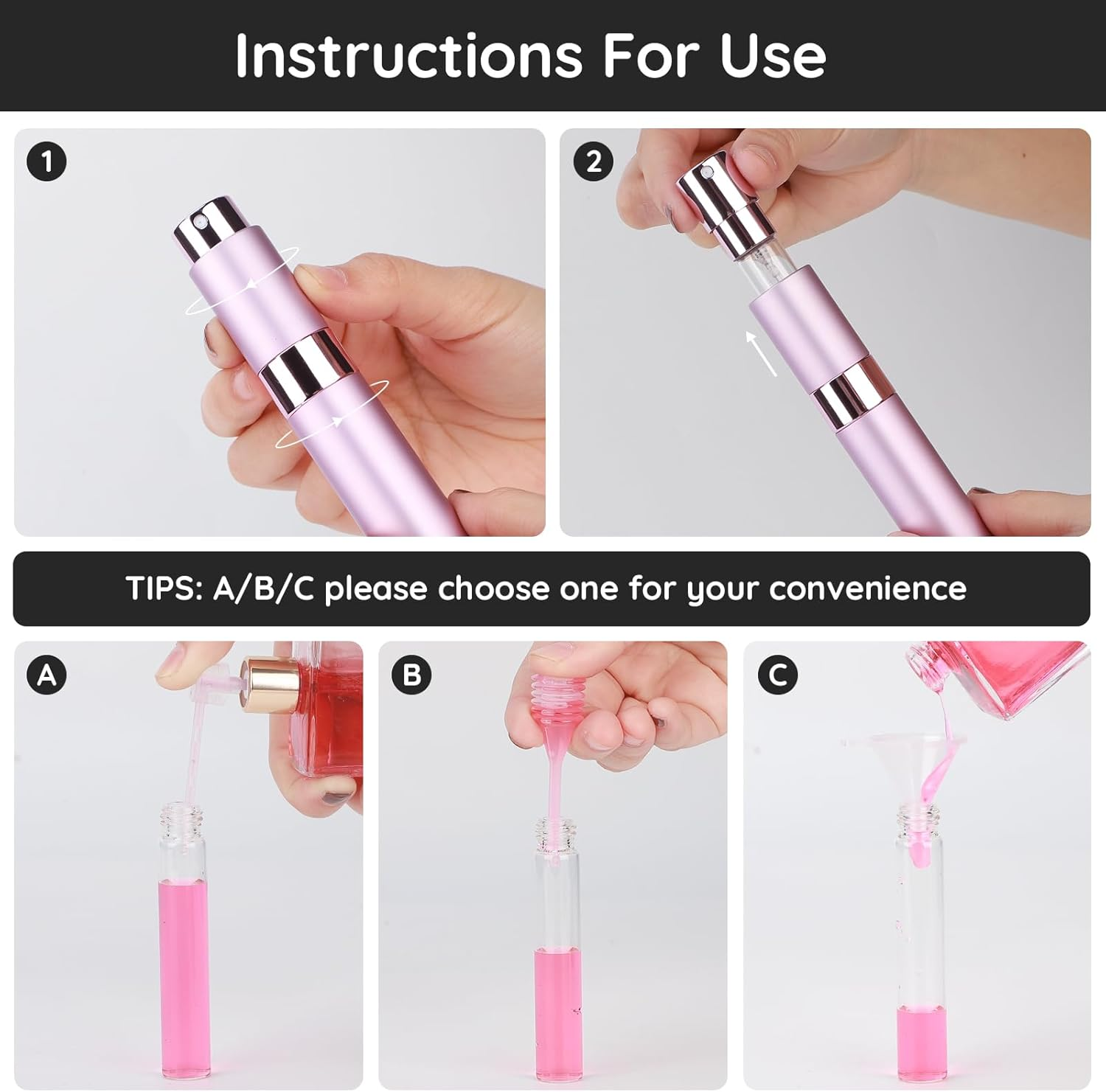 Segbeauty Travel Perfume, 2Pcs 10Ml Scent Pump Case, Leakproof Pocket Perfume, Small Perfume Atomizer Refillable, Empty Perfume Spray, Perfume Containers for Men and Women (Black, Pink) image number 1