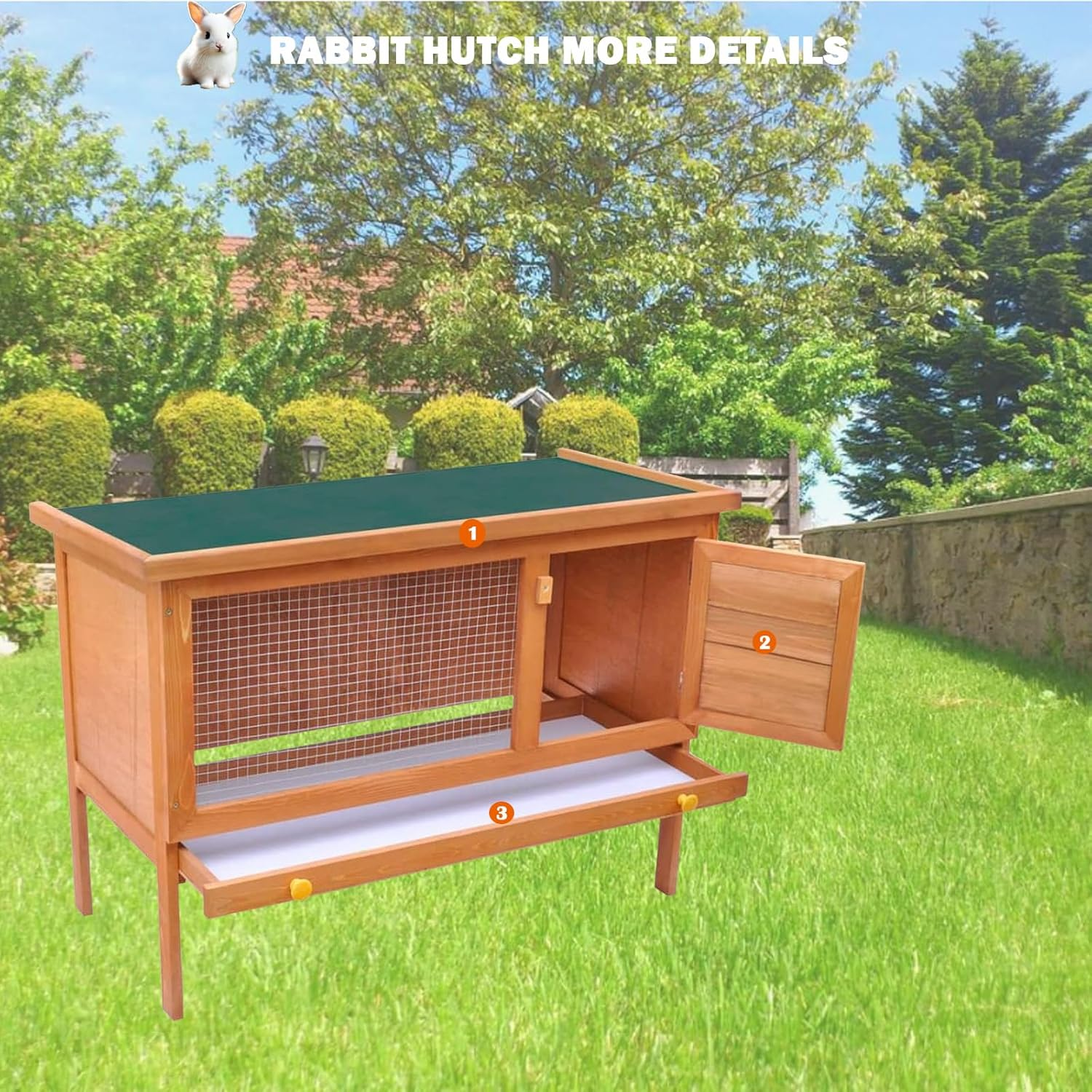 Elevated Wooden Rabbit Hutch, Indoor/Outdoor Bunny Cage with Weatherproof Green Asphalt Roof,Slide Bolt Latch and Removable Tray for Rubbit,Guinea Pig,Hamster (Wood, 90L X 45W X 65H)