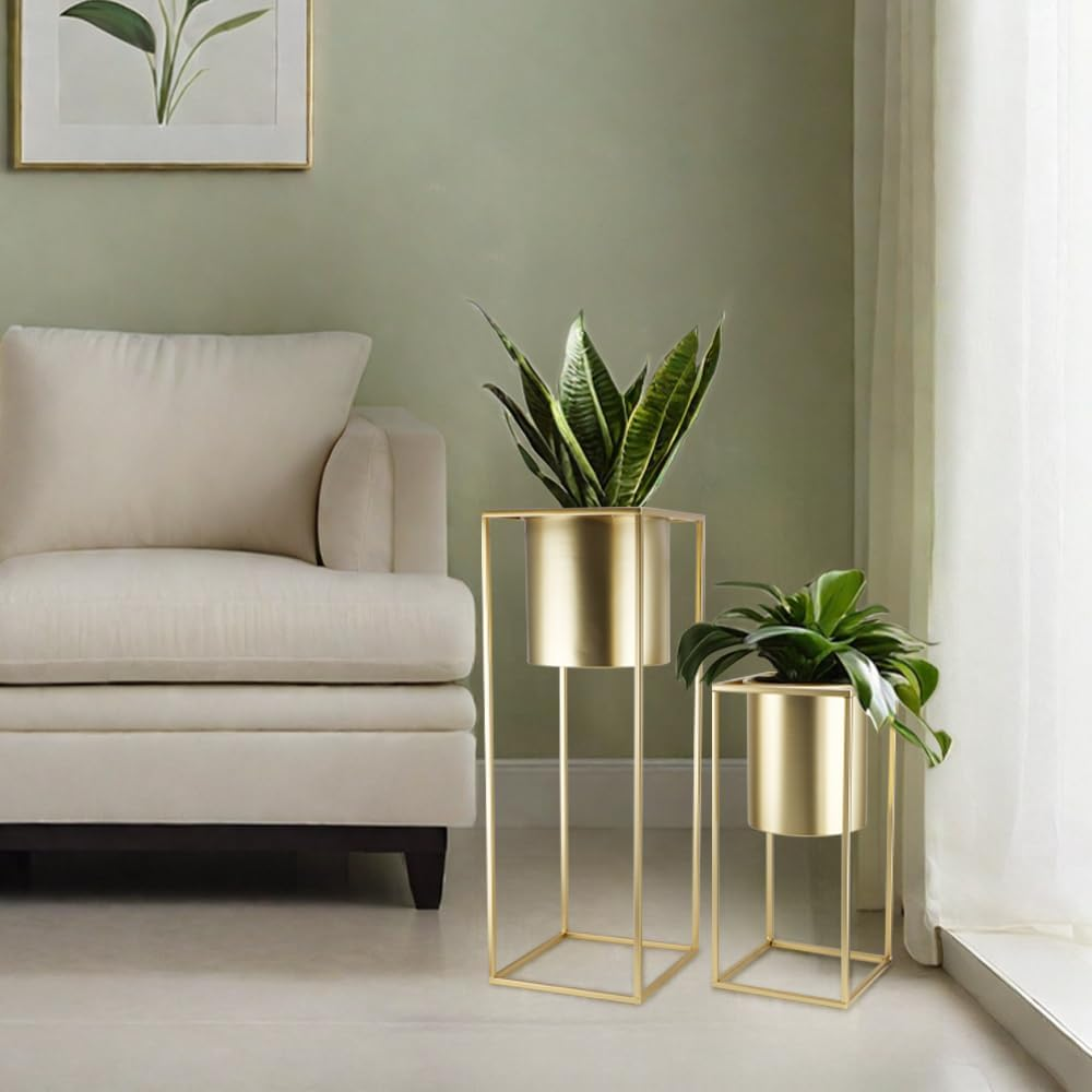TRIROCKS Set of 2 Large Planters with Stand Gold Planter for Indoor Plants 28 &18" H Morden Plant Pots for Living Room Corner Kitchen Office Garden Balcony Patio Decor(Gold) image number 2