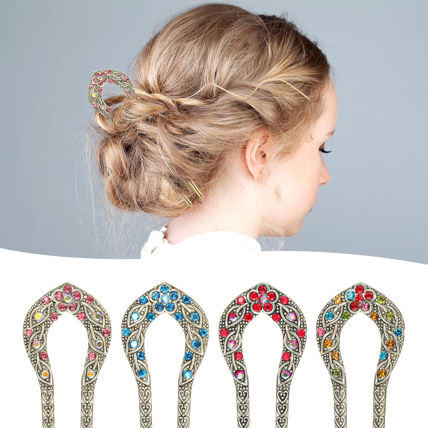 Sibba French Hair Pins 4 Pcs U Shape Hair Fork Pins Chopsticks Hairpins Picks Metal Hair Sticks Hairclips Vintage Long Hair Hairstyle Accessories for Bun Braids Women