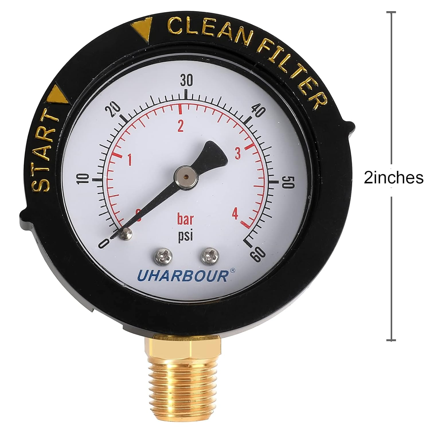 Pool Filter Pressure Gauge 60Psi - 2" Dial with Bezel, 1/4" Center Bottom Mount, 1/8" Adapter - Pump Replacement image number 1