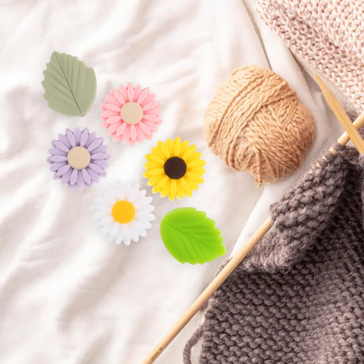 12Pcs Silicone Knitting Needle Point Protectors, Daisy Flower Leaf Tip Covers for Knitting, Crocheting, Diy Crafts, Assorted Colors image number 3